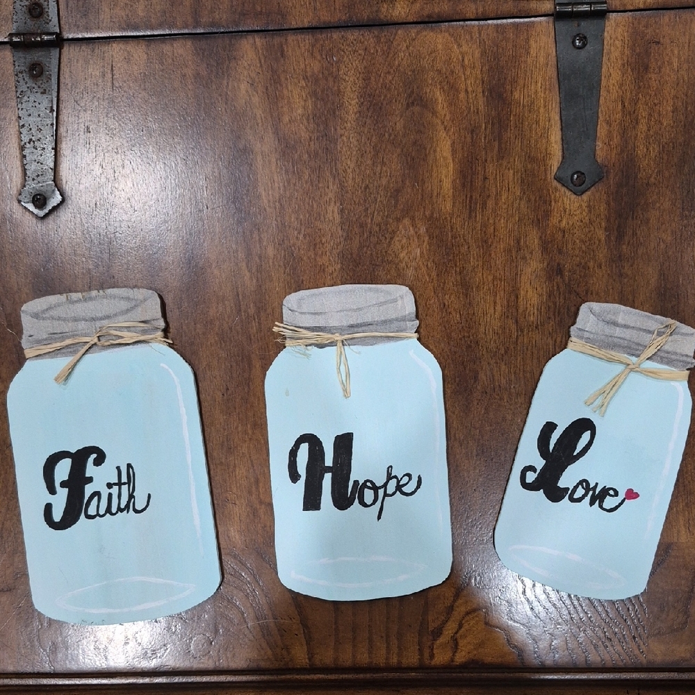 Rustic Blue Mason Jar Christian  Wall Decor Set Of 3 Farmhouse Homemade